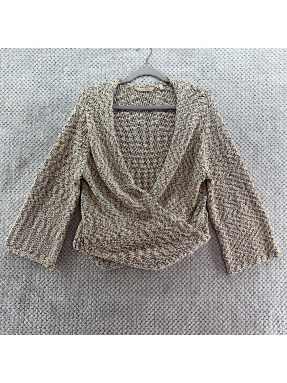 Soft Surroundings Sweater Womens L Beige Blue Knit V-Neck Wrap Cardigan LS